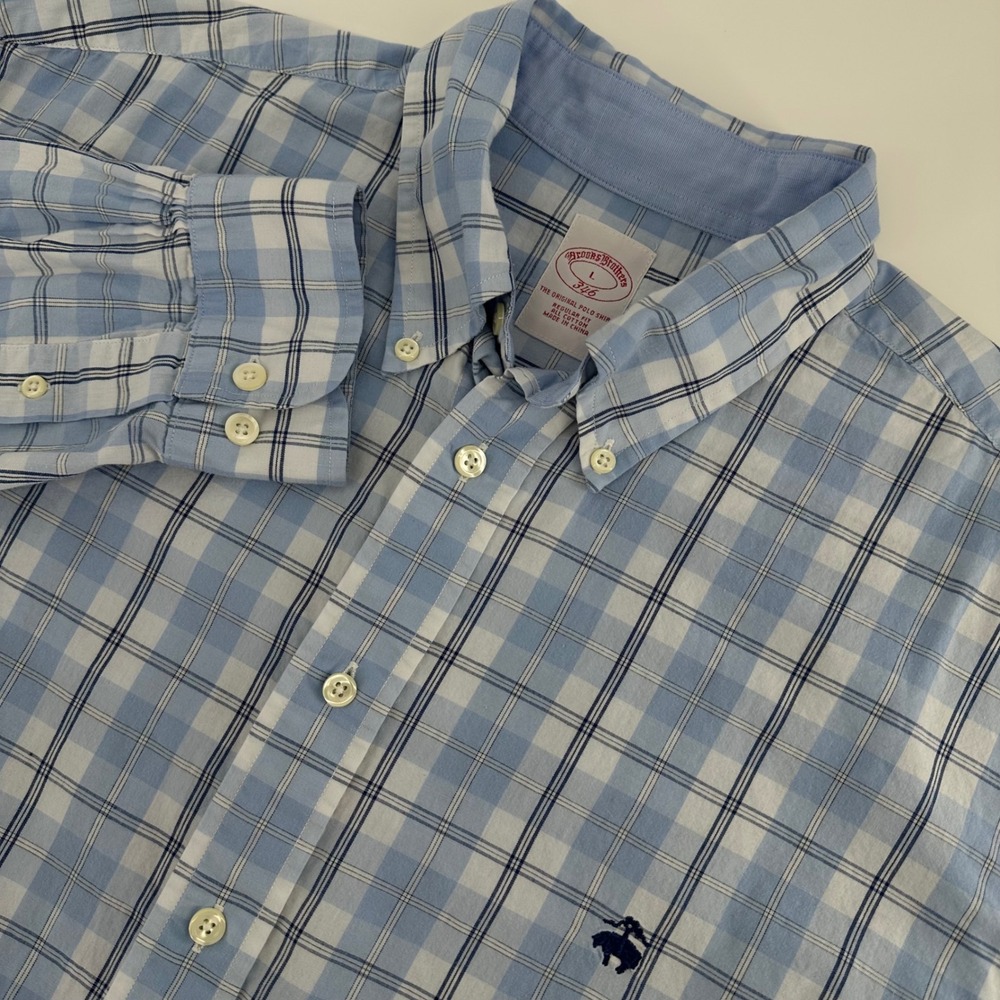 Brooks Brothers 346 Button Down Shirt L Blue Plaid Excellent Regular Fit Cotton